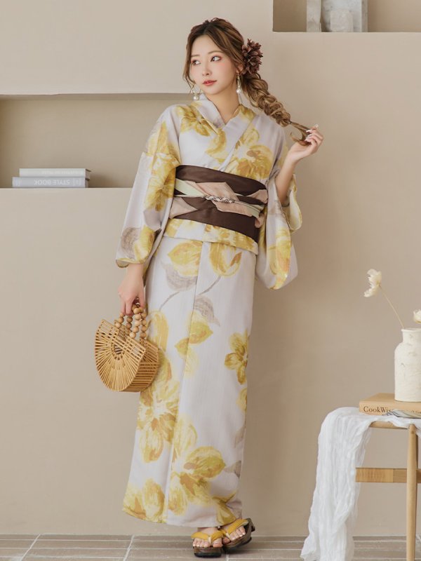 画像4: 【即日発送！】グレージュ×イエローフラワー浴衣【浴衣３点セット 浴衣/帯/下駄】[YMT] (4)