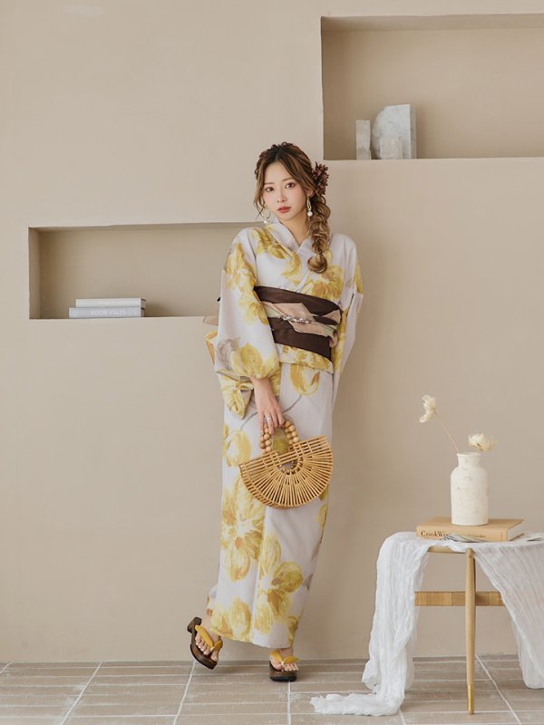画像8: 【即日発送！】グレージュ×イエローフラワー浴衣【浴衣３点セット 浴衣/帯/下駄】[YMT] (8)