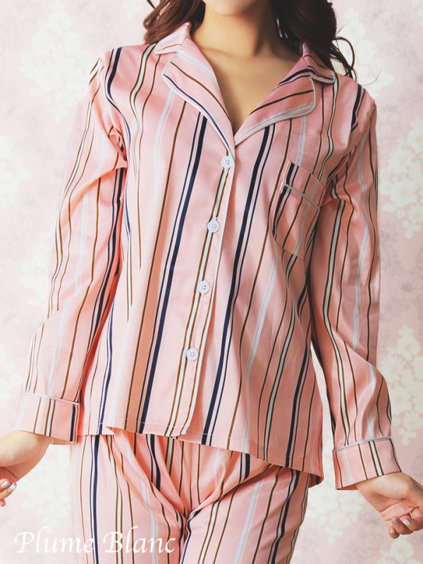 画像5: 【小物SALE】【Plume Blanc　プリュムブラン】青木りえちゃんプロデュース!!【ルームウェア】ピンクストライプサテン パジャマ【HC02】 (5)