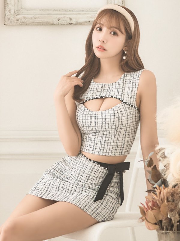 画像2: XSサイズあり☆背の低い方必見！【PURESS/ピュアレス】ツイード/ バストカット/ パールビジュー/ セパレート/ フレア/ マイクロミニドレス/ キャバドレス[OF5] (2)