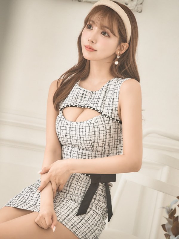 画像4: XSサイズあり☆背の低い方必見！【PURESS/ピュアレス】ツイード/ バストカット/ パールビジュー/ セパレート/ フレア/ マイクロミニドレス/ キャバドレス[OF5] (4)