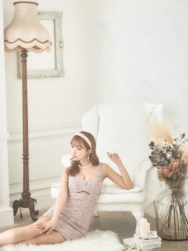 画像2: XSサイズあり【PURESS/ピュアレス】ツイード/ ウエストカット/ ビジューチェーンベルト/ チェック/ タイト/ ミニドレス/ キャバドレス[OF5] (2)