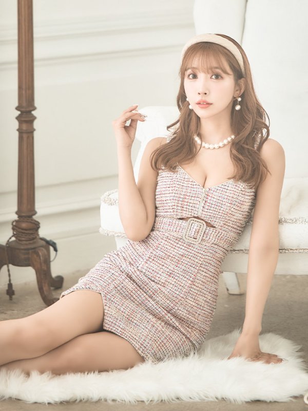 画像3: XSサイズあり【PURESS/ピュアレス】ツイード/ ウエストカット/ ビジューチェーンベルト/ チェック/ タイト/ ミニドレス/ キャバドレス[OF5] (3)