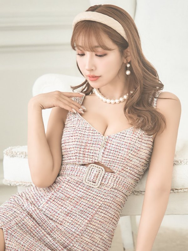 画像5: XSサイズあり【PURESS/ピュアレス】ツイード/ ウエストカット/ ビジューチェーンベルト/ チェック/ タイト/ ミニドレス/ キャバドレス[OF5] (5)