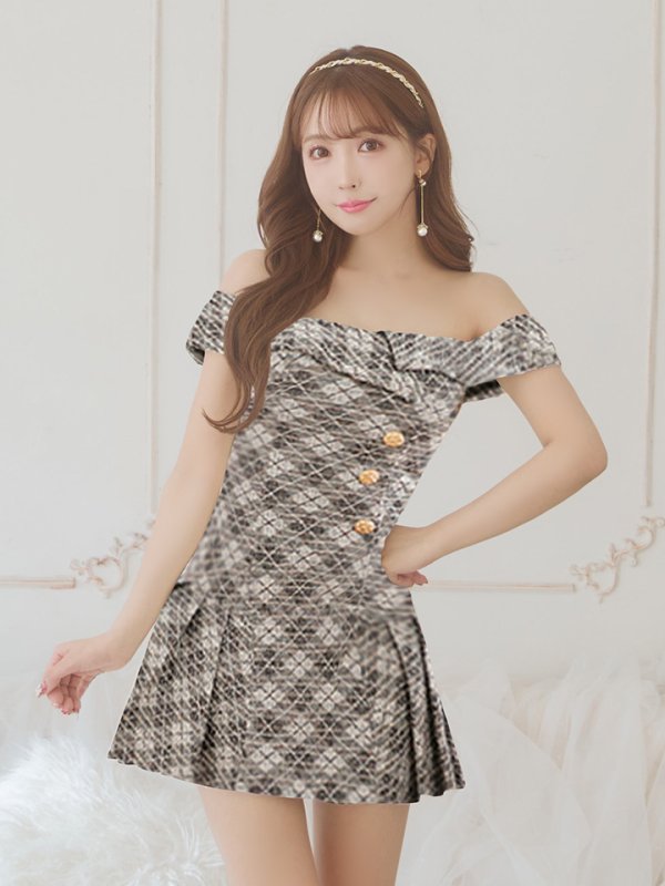 画像3: XSサイズあり【PURESS/ピュアレス】アシンメトリー/ オフショルダー/ ボタン/ フリル/ フレア/ ミニドレス/ キャバドレス[OF5] (3)