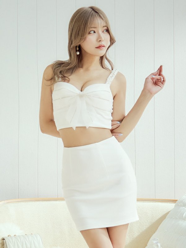 画像6: XSサイズあり【PURESS/ピュアレス】バストリボン/ ツイストショルダー/ パールチェーン / ビジュー/ セパレート/ タイト/ マイクロミニ/ ミニドレス/ キャバドレス[OF5] (6)