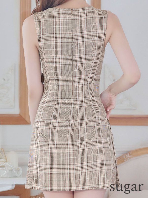 画像9: XSサイズあり【PURESS/ピュアレス】ダブルカラー/ ボタン/ リボン/ チェック/ フレア/ ミニドレス/ キャバドレス[OF5] (9)