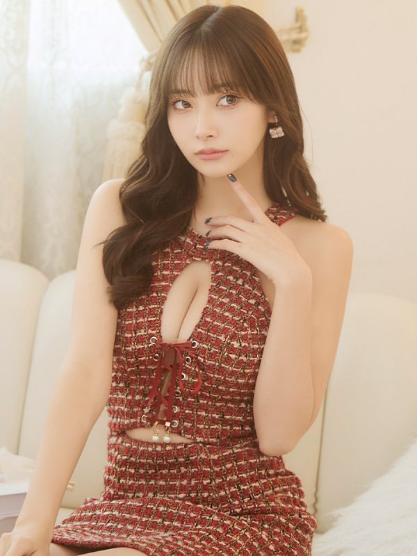 画像6: XSサイズあり【PURESS/ピュアレス】 ホルターネック/ バストレースアップ/ チェックツイード/ ノースリーブ/ フレア/ ミニドレス/ キャバドレス[OF5] (6)