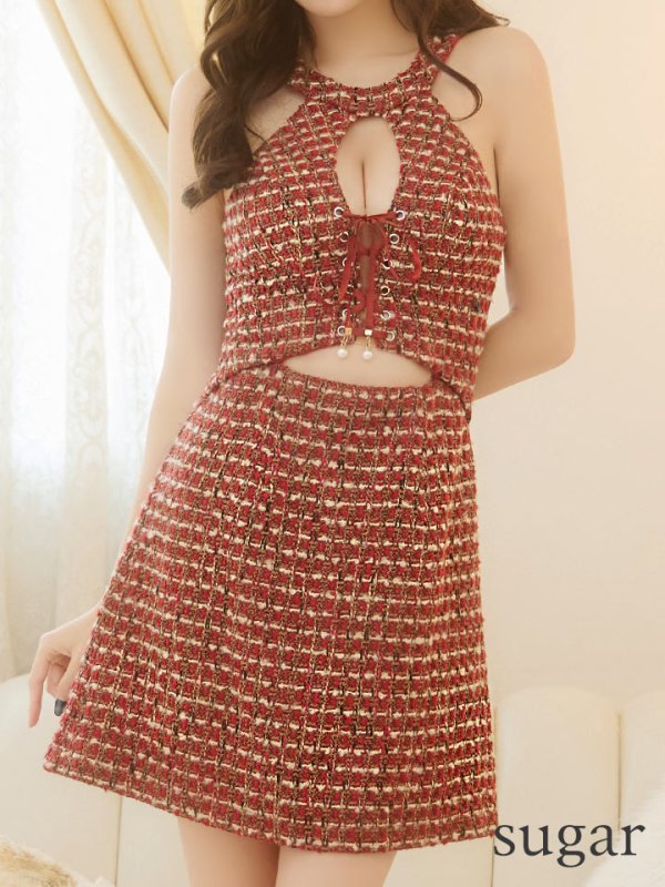 画像8: XSサイズあり【PURESS/ピュアレス】 ホルターネック/ バストレースアップ/ チェックツイード/ ノースリーブ/ フレア/ ミニドレス/ キャバドレス[OF5] (8)