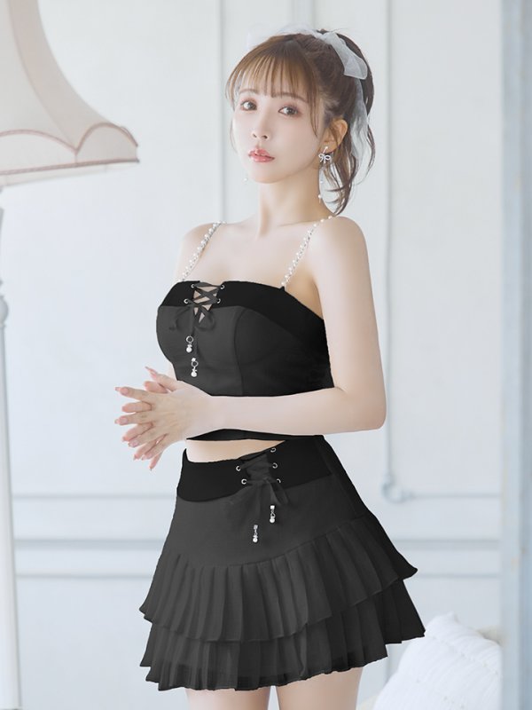 画像3: XSサイズあり【PURESS/ピュアレス】パールショルダー/ レースアップ/ マイクロミニ/ セパレート/ フレア/ ミニドレス/ キャバドレス[OF5] (3)