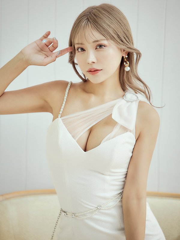 画像2: XSサイズあり【PURESS/ピュアレス】アシンメトリー / ショルダーリボン / パールチェーン / ビジュー / フレア / マイクロミニ/ ミニドレス/ キャバドレス[OF5] (2)