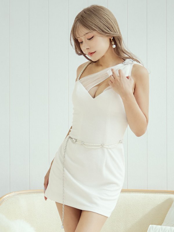 画像5: XSサイズあり【PURESS/ピュアレス】アシンメトリー / ショルダーリボン / パールチェーン / ビジュー / フレア / マイクロミニ/ ミニドレス/ キャバドレス[OF5] (5)