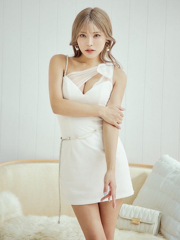 画像6: XSサイズあり【PURESS/ピュアレス】アシンメトリー / ショルダーリボン / パールチェーン / ビジュー / フレア / マイクロミニ/ ミニドレス/ キャバドレス[OF5] (6)