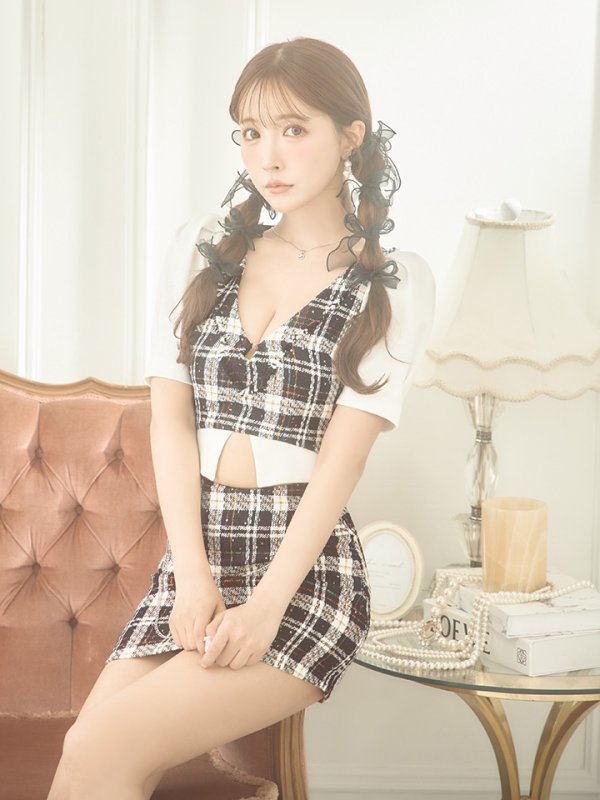 画像6: XSサイズあり【PURESS/ピュアレス】 レイヤード/ チェーン/ セパレート/ ミックスチェック/ フレア/ マイクロミニドレス/ キャバドレス[OF5] (6)