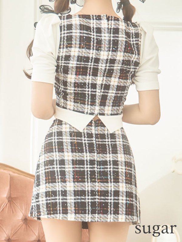 画像9: XSサイズあり【PURESS/ピュアレス】 レイヤード/ チェーン/ セパレート/ ミックスチェック/ フレア/ マイクロミニドレス/ キャバドレス[OF5] (9)