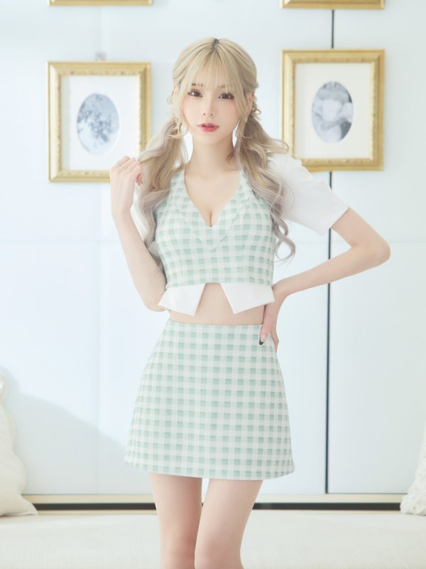 画像5: XSサイズあり【PURESS/ピュアレス】 ギンガムチェック/ パフスリーブ/ 半袖/ 袖あり/ セパレート/ 台形スカート/ マイクロミニ/ ミニドレス/ キャバドレス[OF5] (5)