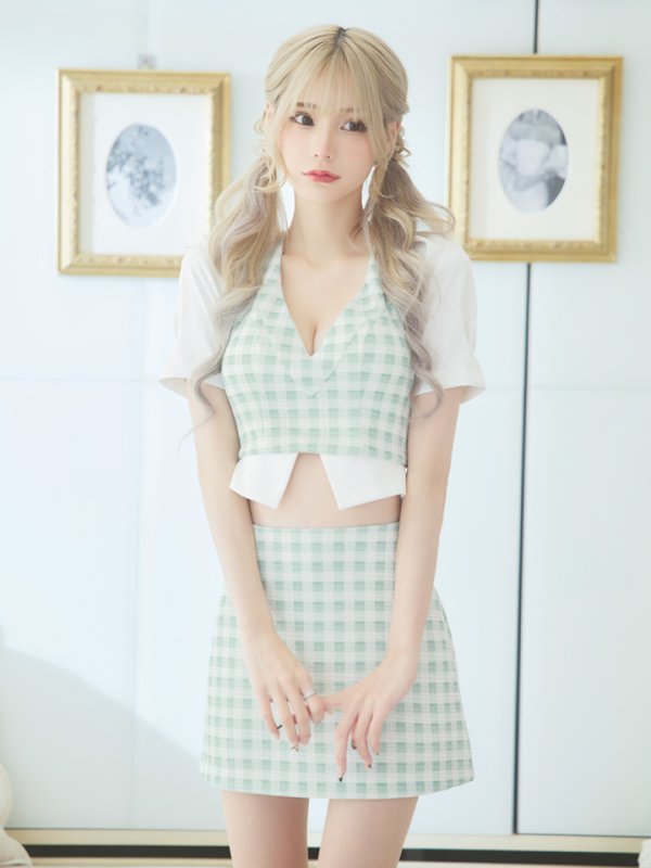 画像6: XSサイズあり【PURESS/ピュアレス】 ギンガムチェック/ パフスリーブ/ 半袖/ 袖あり/ セパレート/ 台形スカート/ マイクロミニ/ ミニドレス/ キャバドレス[OF5] (6)