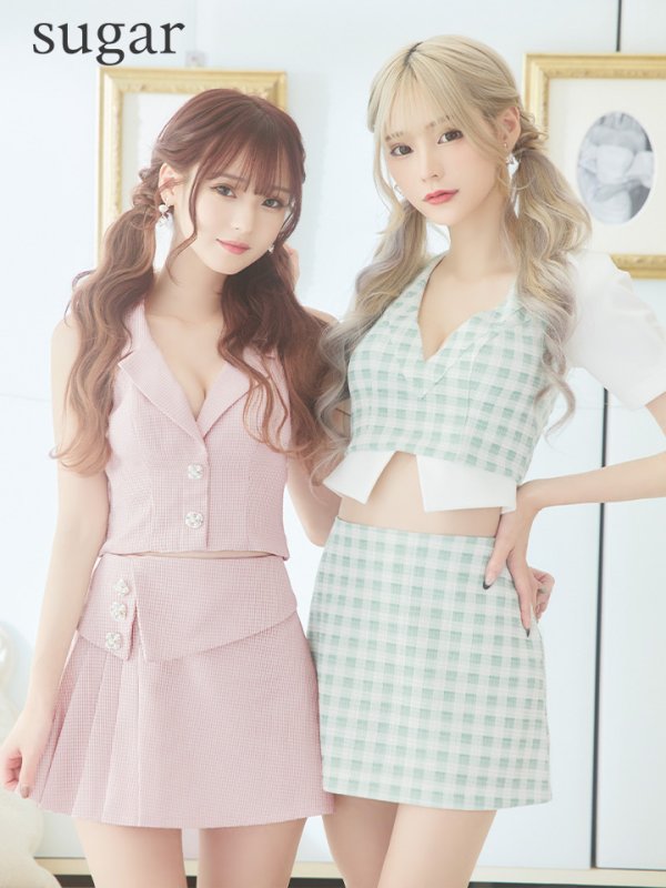 画像2: sugar限定コラボ商品☆XSサイズあり【PURESS/ピュアレス】カラー/ チェック/ ボタン/ ノースリーブ/ セパレート/ プリーツ/ フレア/ ミニドレス/ キャバドレス【複数品番】[OF5] (2)