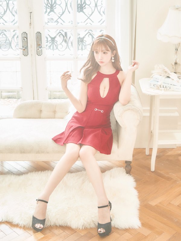 画像7: XSサイズあり【PURESS/ピュアレス】 バストオープン/ ベルト/ ビジューチャーム/ ノースリーブ/ フレア/ミニドレス/ キャバドレス[OF5] (7)