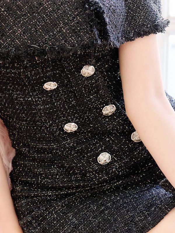 画像6: XSサイズあり【PURESS/ピュアレス】オフショルダー/ チェックツイード/ ボタン/ フレア/ ミニドレス/ キャバドレス[OF5] (6)