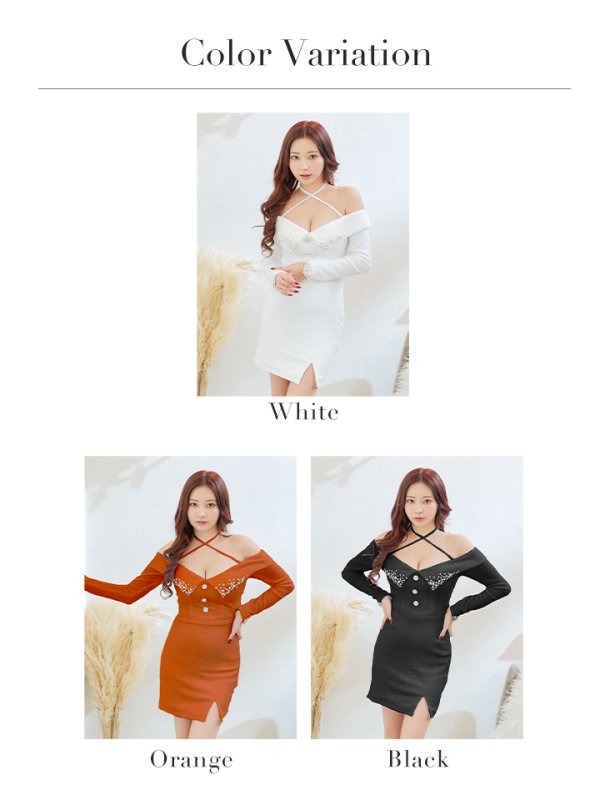 画像33: XSサイズあり【PURESS/ピュアレス】カラービジューオフショルダー/ ロングスリーブ/ 長袖/ 袖あり/ ニット/ スリットスカート/ タイト/ ミニドレス/ キャバドレス[OF5] (33)