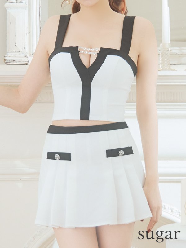 画像14: XSサイズあり【PURESS/ピュアレス】 セットアップ/ バイカラー/ フリル/ ノースリーブ/ フレア/ マイクロミニドレス/ キャバドレス[OF5] (14)