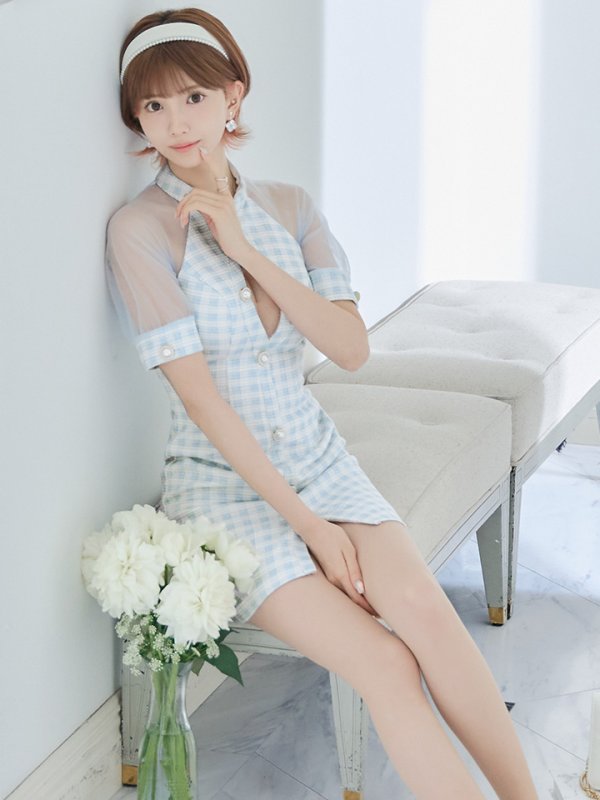 画像20: XSサイズあり【PURESS/ピュアレス】 フロントパールボタン/ シースルーメッシュショルダー/ 袖あり/ 五分袖/ チェック/ タイト/ ミニドレス/ キャバドレス[OF5] (20)