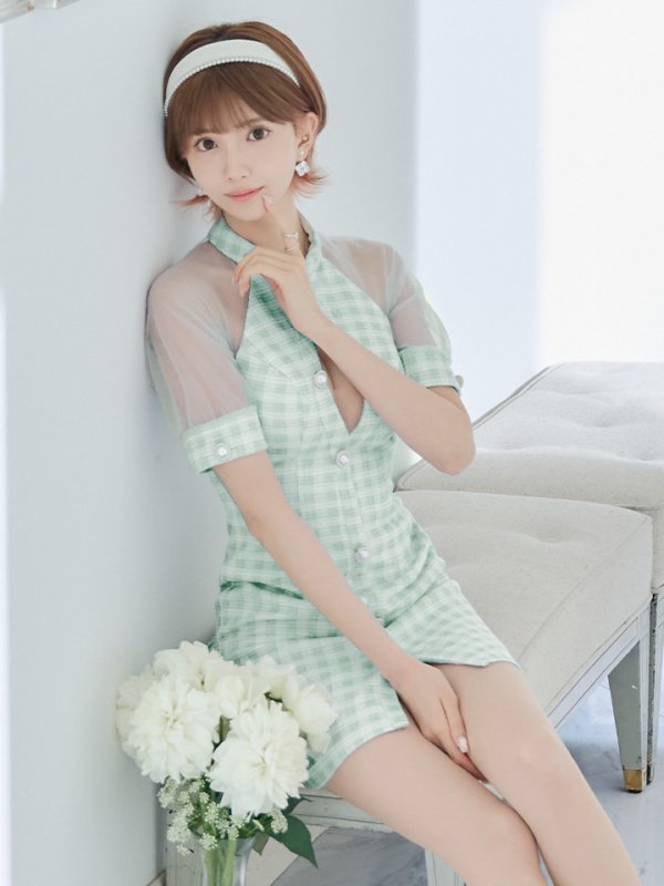 画像3: XSサイズあり【PURESS/ピュアレス】 フロントパールボタン/ シースルーメッシュショルダー/ 袖あり/ 五分袖/ チェック/ タイト/ ミニドレス/ キャバドレス[OF5] (3)