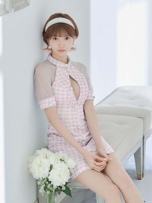 画像11: XSサイズあり【PURESS/ピュアレス】 フロントパールボタン/ シースルーメッシュショルダー/ 袖あり/ 五分袖/ チェック/ タイト/ ミニドレス/ キャバドレス[OF5] (11)