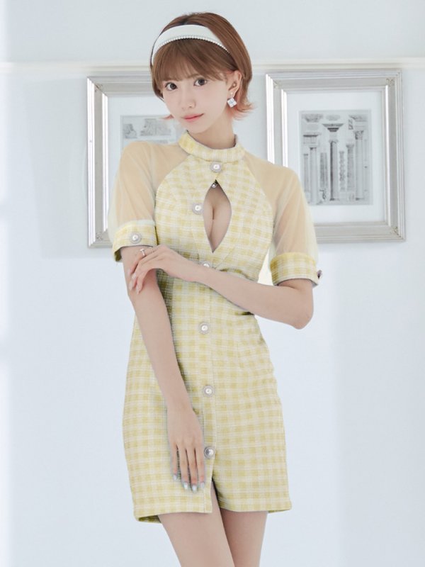画像6: XSサイズあり【PURESS/ピュアレス】 フロントパールボタン/ シースルーメッシュショルダー/ 袖あり/ 五分袖/ チェック/ タイト/ ミニドレス/ キャバドレス[OF5] (6)