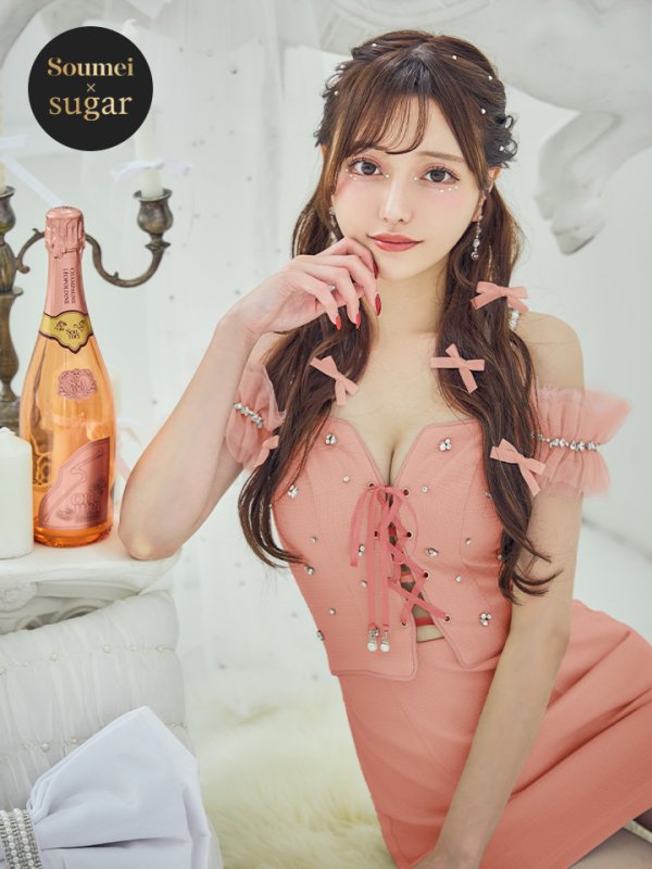 【羽澄まり/関西コレクション着用】XSサイズあり【PURESS/ピュアレス】バストレースアップ/ オフショルダー/ パール/ ビジュー/ マイクロミニ/ ミニドレス/ キャバドレス[OF5]　ピンク