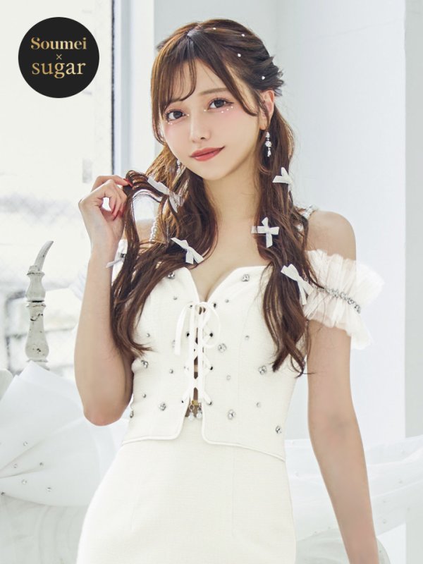 画像4: 【羽澄まり/関西コレクション着用】XSサイズあり【PURESS/ピュアレス】バストレースアップ/ オフショルダー/ パール/ ビジュー/ マイクロミニ/ ミニドレス/ キャバドレス[OF5] (4)