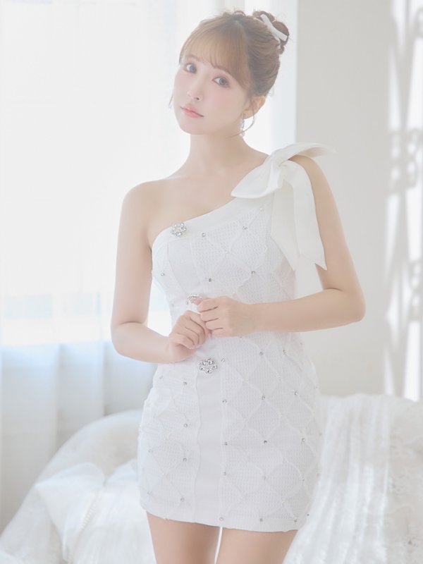 画像15: XSサイズあり【PURESS/ピュアレス】ビックリボン/ ワンショルダー/ フラワービジューボタン/ タイト/ マイクロミニ/ ミニドレス/ キャバドレス[OF5] (15)