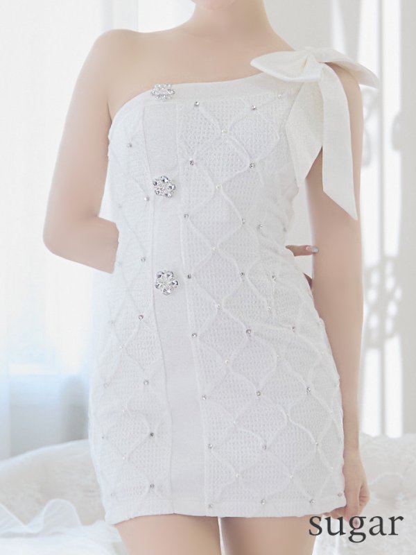 画像21: XSサイズあり【PURESS/ピュアレス】ビックリボン/ ワンショルダー/ フラワービジューボタン/ タイト/ マイクロミニ/ ミニドレス/ キャバドレス[OF5] (21)