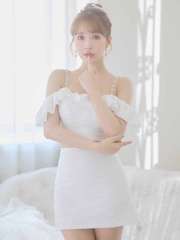 画像13: XSサイズあり【PURESS/ピュアレス】アッパーフリルデザイン/ パールショルダー/ バックリボン/ セパレート/ フレア/ マイクロミニ/ ミニドレス/ キャバドレス[OF5] (13)