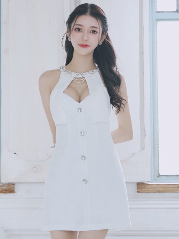 画像11: XSサイズあり【PURESS/ピュアレス】パールチェーン/ ビジュー/ ノースリーブ/ フレア/ ミニドレス/ キャバドレス[OF5] (11)