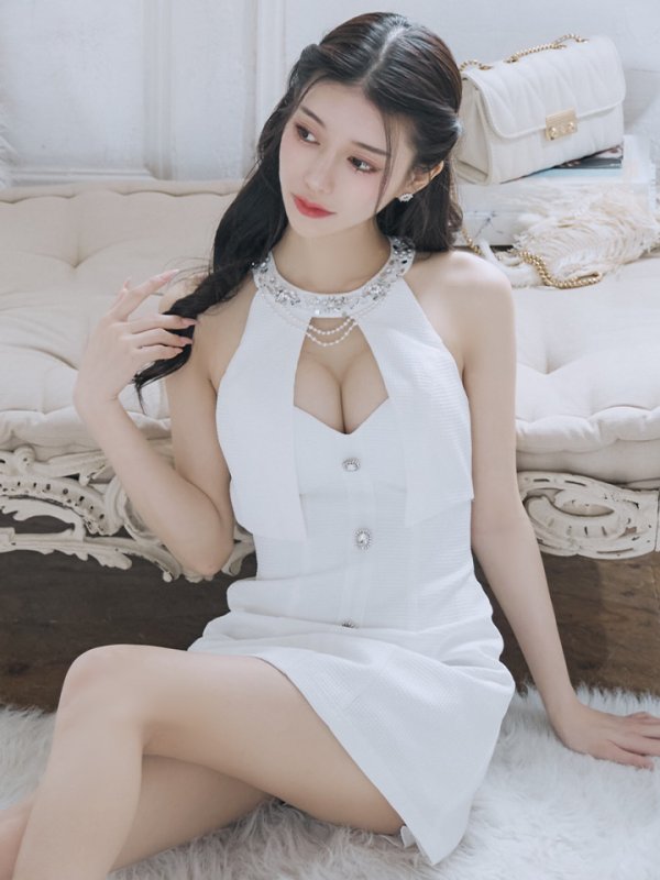 画像13: XSサイズあり【PURESS/ピュアレス】パールチェーン/ ビジュー/ ノースリーブ/ フレア/ ミニドレス/ キャバドレス[OF5] (13)