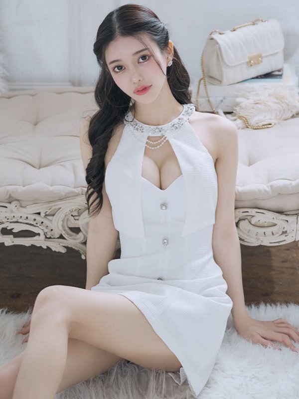 画像15: XSサイズあり【PURESS/ピュアレス】パールチェーン/ ビジュー/ ノースリーブ/ フレア/ ミニドレス/ キャバドレス[OF5] (15)