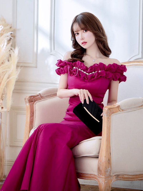 画像2: L・XL・XXLサイズあり【Donia Quinn / ドニアクイーン】 マーメイド/ オフショル/ フリル/ パール/ バックスピンドル/ ロングドレス/ キャバドレス[OF05] (2)