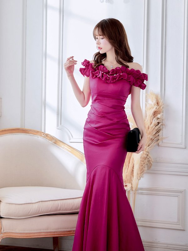 画像3: L・XL・XXLサイズあり【Donia Quinn / ドニアクイーン】 マーメイド/ オフショル/ フリル/ パール/ バックスピンドル/ ロングドレス/ キャバドレス[OF05] (3)