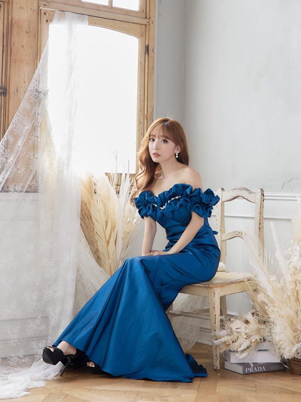 画像4: L・XL・XXLサイズあり【Donia Quinn / ドニアクイーン】 マーメイド/ オフショル/ フリル/ パール/ バックスピンドル/ ロングドレス/ キャバドレス[OF05] (4)