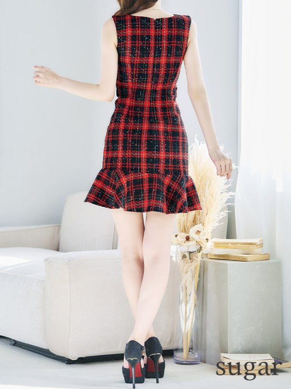 画像7: XSサイズあり【Donia Quinn / ドニアクイーン】 ツイード/ チェック/ フリル/ マーメイド/ レース/ ノースリーブ/ Aライン/ ミニドレス/ キャバドレス[OF05] (7)