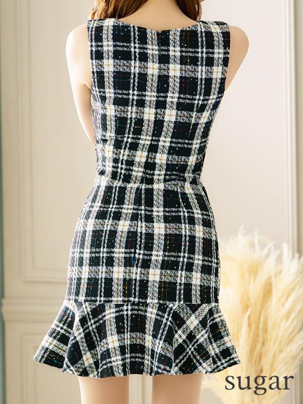 画像16: XSサイズあり【Donia Quinn / ドニアクイーン】 ツイード/ チェック/ フリル/ マーメイド/ レース/ ノースリーブ/ Aライン/ ミニドレス/ キャバドレス[OF05] (16)