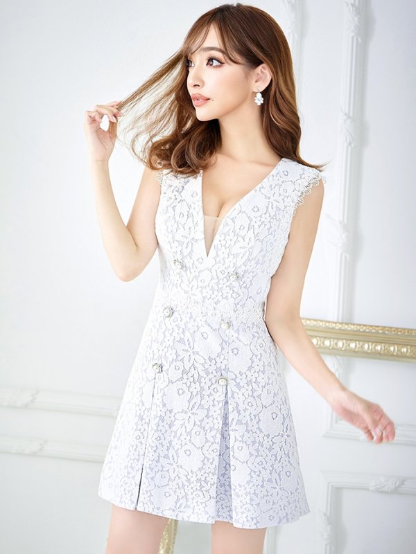 画像3: XSサイズあり【Donia Quinn / ドニアクイーン】 総レース/ パールボタン/ ノースリーブ/ プリーツ/ Aライン/ フレア/ ミニドレス/ キャバドレス[OF05] (3)