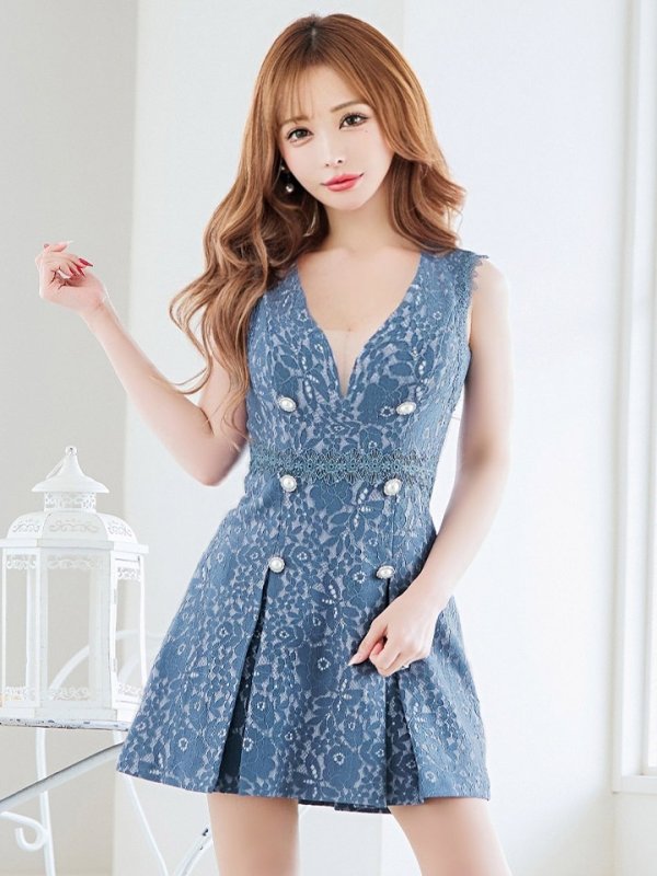 画像11: XSサイズあり【Donia Quinn / ドニアクイーン】 総レース/ パールボタン/ ノースリーブ/ プリーツ/ Aライン/ フレア/ ミニドレス/ キャバドレス[OF05] (11)