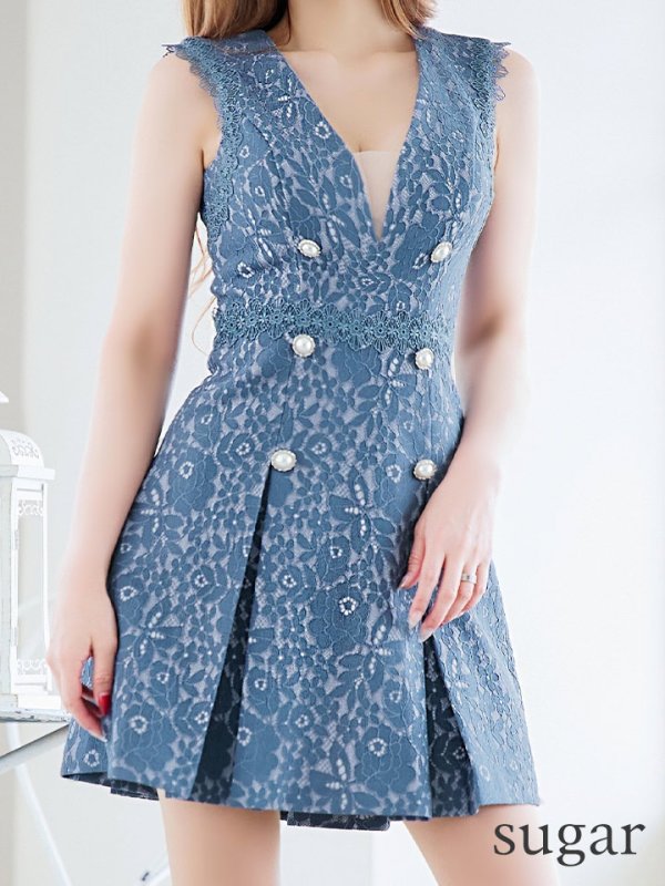 画像17: XSサイズあり【Donia Quinn / ドニアクイーン】 総レース/ パールボタン/ ノースリーブ/ プリーツ/ Aライン/ フレア/ ミニドレス/ キャバドレス[OF05] (17)