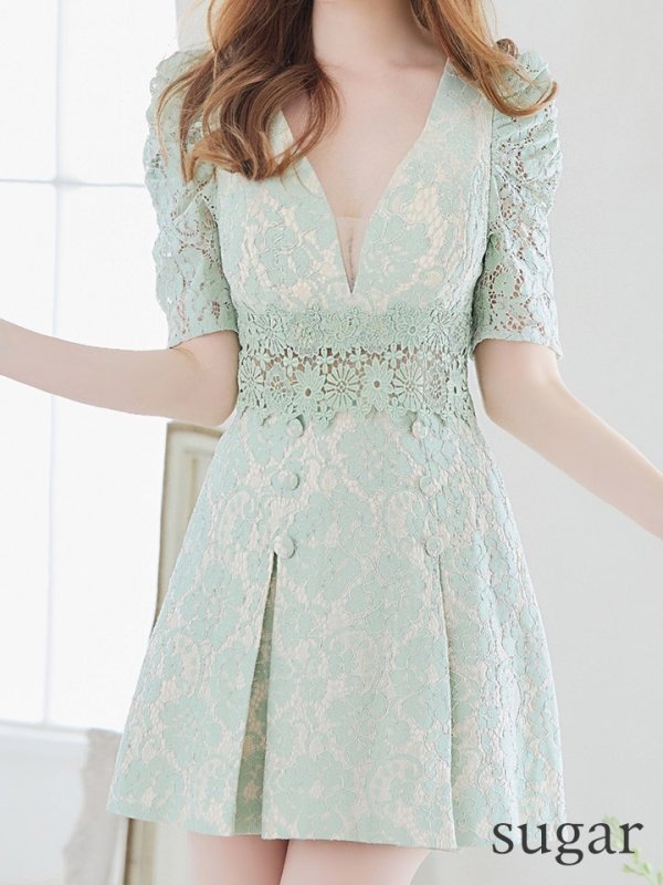 画像47: 【Donia Quinn / ドニアクイーン】 フラワーレース/ 袖あり/ 半袖/ ボックスプリーツ/ Aライン/ フレア/ ミニドレス/ キャバドレス[OF05] (47)