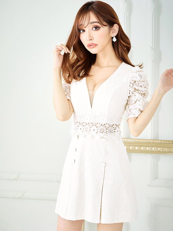 画像30: 【Donia Quinn / ドニアクイーン】 フラワーレース/ 袖あり/ 半袖/ ボックスプリーツ/ Aライン/ フレア/ ミニドレス/ キャバドレス[OF05] (30)