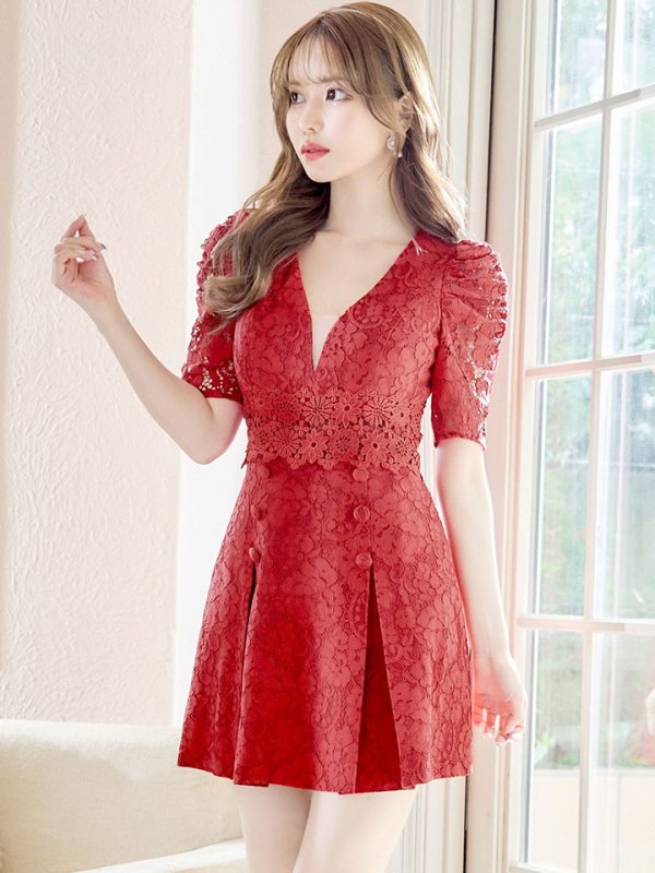 画像3: 【Donia Quinn / ドニアクイーン】 フラワーレース/ 袖あり/ 半袖/ ボックスプリーツ/ Aライン/ フレア/ ミニドレス/ キャバドレス[OF05] (3)