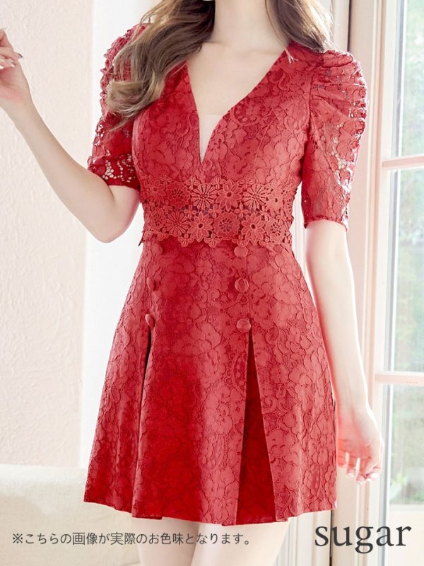 画像8: 【Donia Quinn / ドニアクイーン】 フラワーレース/ 袖あり/ 半袖/ ボックスプリーツ/ Aライン/ フレア/ ミニドレス/ キャバドレス[OF05] (8)